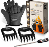 Meat Claws and Smoker Gloves | No.1 Heat Resistant BBQ Grill Gloves | Pulled Pork Claws | Thermometer | Silicone Oven Mitts