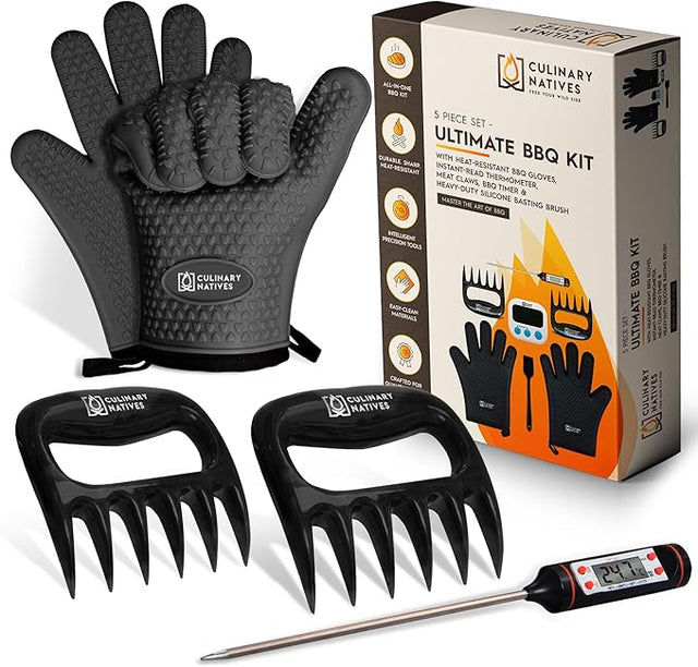 Meat Claws and Smoker Gloves | No.1 Heat Resistant BBQ Grill Gloves | Pulled Pork Claws | Thermometer | Silicone Oven Mitts