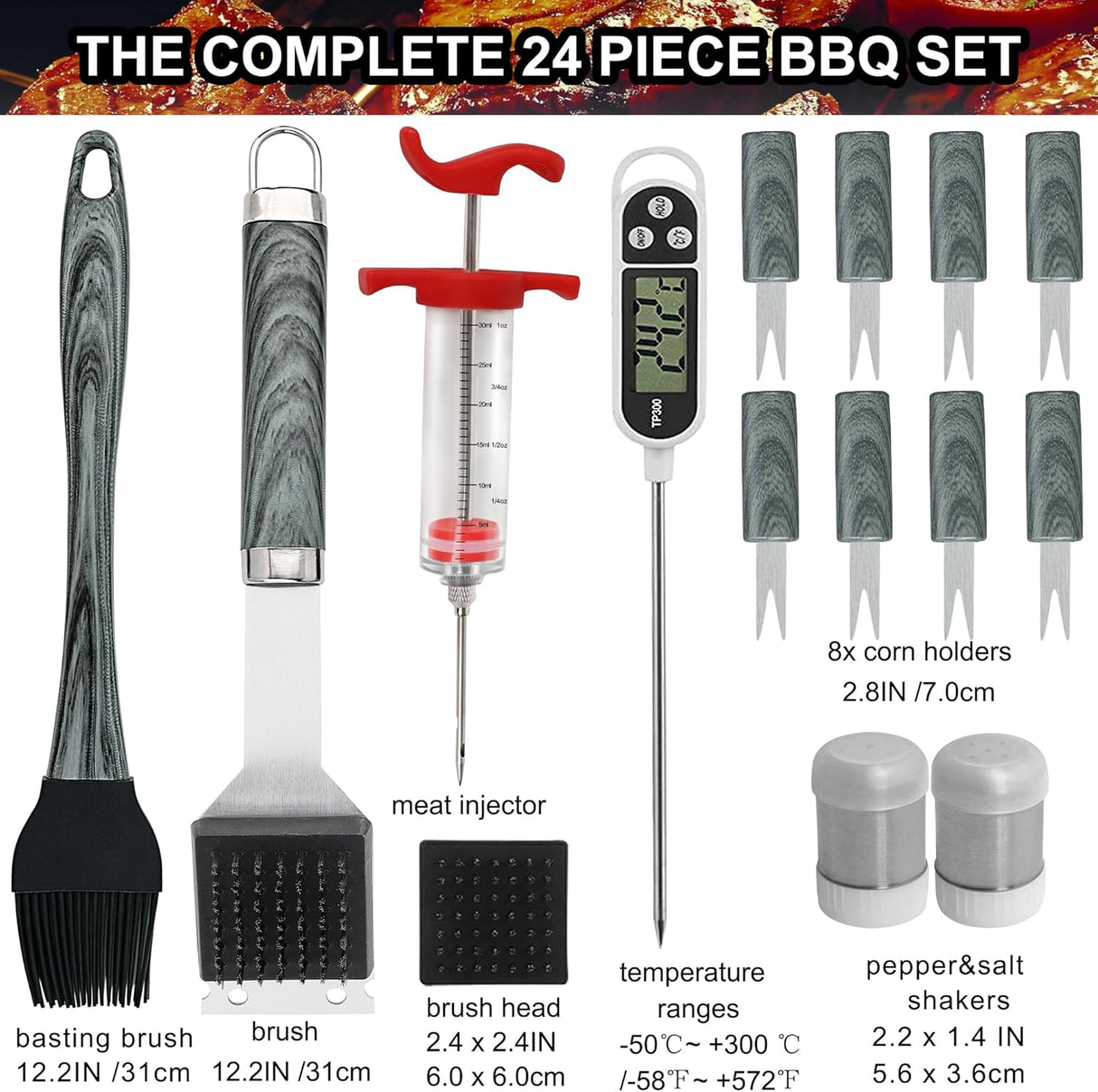 grilljoy 24PCS BBQ Grill Tools Set with Meat Thermometer and Injector - Extra Thick Stainless Steel Fork, Spatula& Tongs -