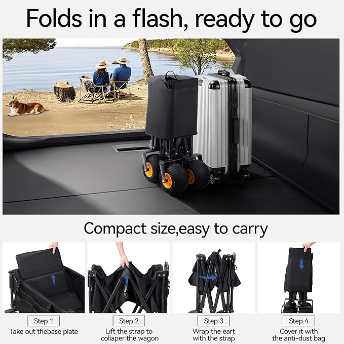 DXZ Beach Wagon Cart with Big Wheels for Sand - Folding Collapsible Wagon, Heavy Duty Wagons Carts Foldable for Beach,