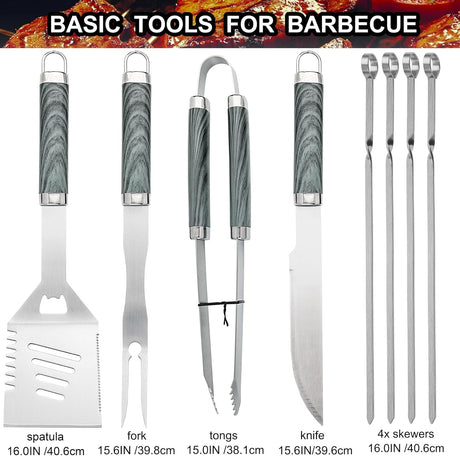 grilljoy 24PCS BBQ Grill Tools Set with Meat Thermometer and Injector - Extra Thick Stainless Steel Fork, Spatula& Tongs -