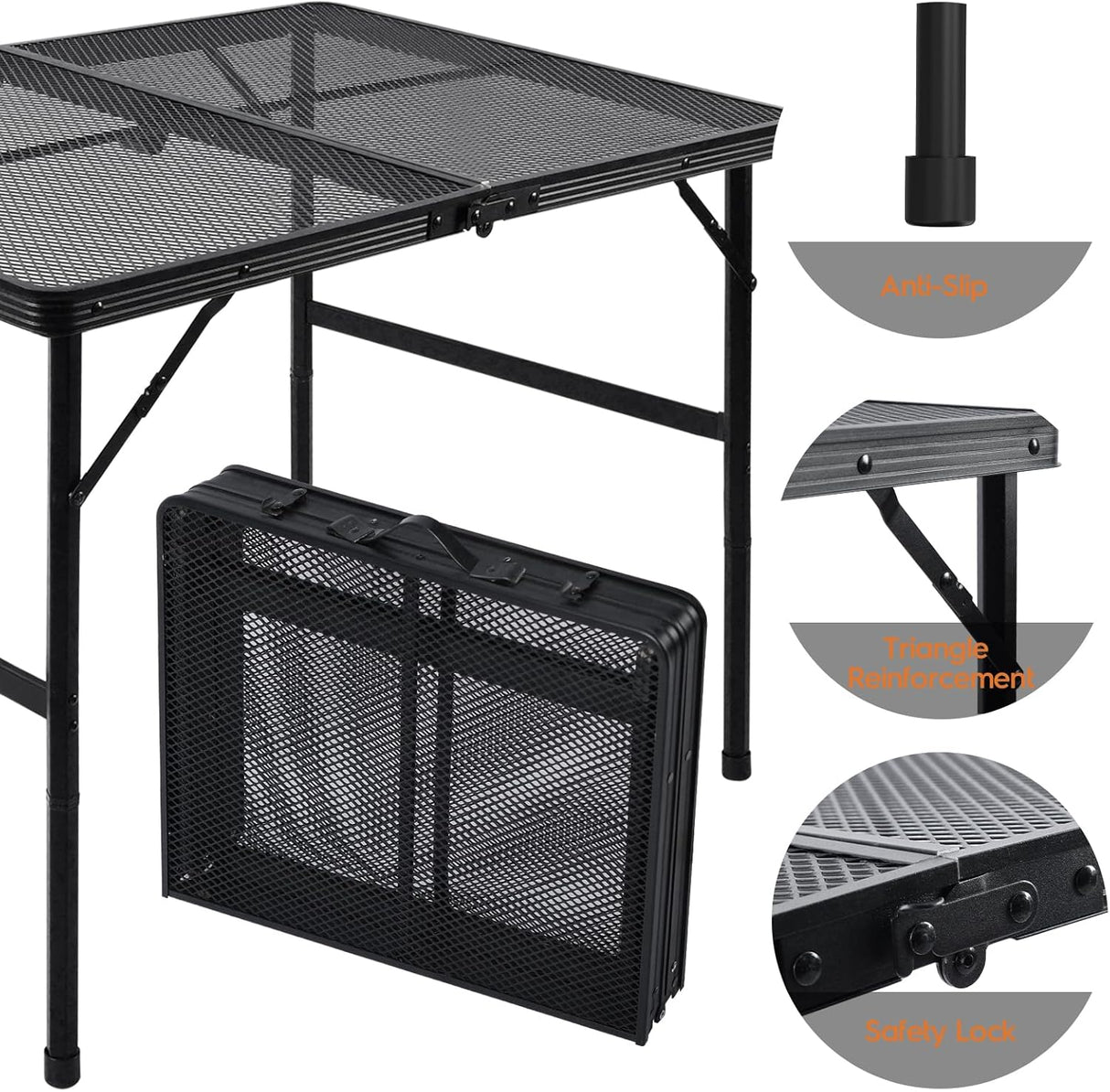 3x2 FT Folding Grill Table, Portable Camping Table for Outside, Adjustable Height Folding Table with Desktop & Mesh Bag,