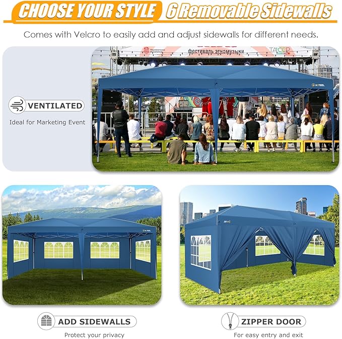 HOTEEL 10x20 Pop up Canopy with 6 Sidewalls, One Push Instant Setup Outdoor Canopy Tent with Reinforce Rod, Weight Bag, for