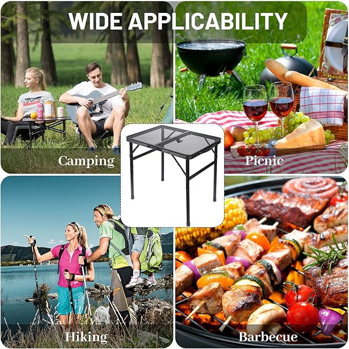 Folding Grill Table Metal Portable Camping Table with Mesh Desktop Lightweight & Foldable Height Adjustable Black Picnic