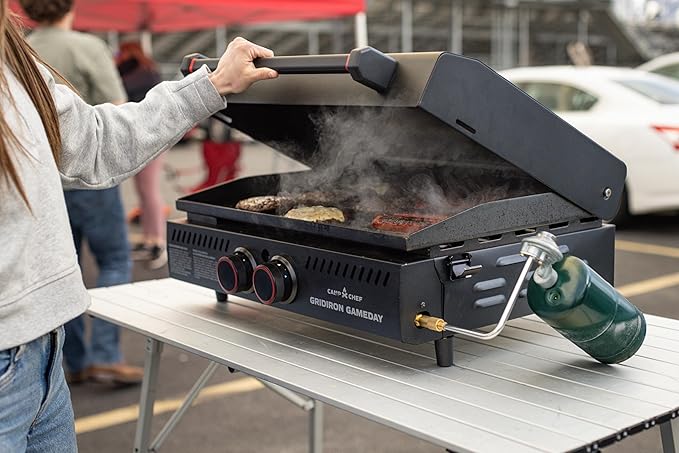 Gridiron Gameday 24" Flat Top Grill - Portable Tabletop Griddle with Hinged Lid, 24,000 BTUs, Flamethrower Ignition, Dual