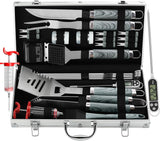 grilljoy 24PCS BBQ Grill Tools Set with Meat Thermometer and Injector - Extra Thick Stainless Steel Fork, Spatula& Tongs -
