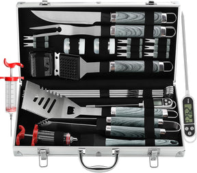 grilljoy 24PCS BBQ Grill Tools Set with Meat Thermometer and Injector - Extra Thick Stainless Steel Fork, Spatula& Tongs -