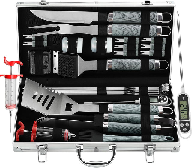 grilljoy 24PCS BBQ Grill Tools Set with Meat Thermometer and Injector - Extra Thick Stainless Steel Fork, Spatula& Tongs -