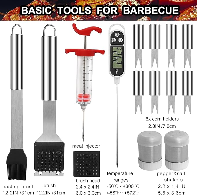 Grilljoy 24PCS BBQ Grill Tools Set with Meat Thermometer and Injector - Extra Thick Stainless Steel Fork, Spatula& Tongs -