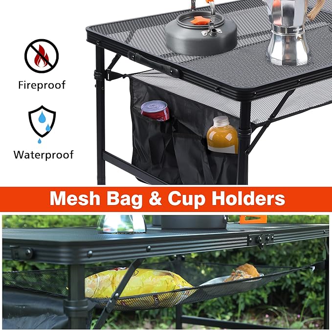 Folding Grill Table, 4x2 FT Portable Camping Table, Lightweight Height Adjustable Metal Tables with Mesh Desktop and Mesh