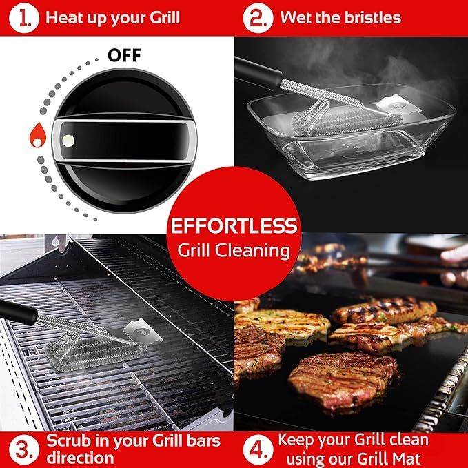 KITCHEN PERFECTION Safe Wire Grill Brush for Outdoor Grill w/Grill Scraper & Grill Mat Grill Cleaning Kit -Extended Handle