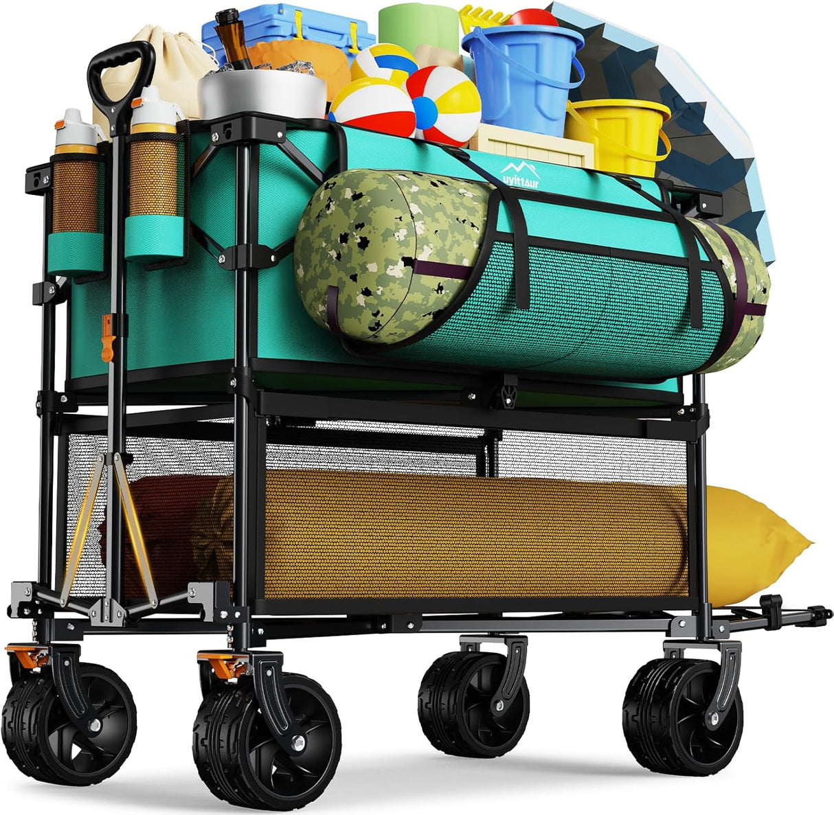 Foldable 50''L Extra Long Double Decker Wagon for Sport, 400L Collapsible Heavy Duty Wagon Cart with Big Wheels, Utility