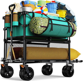 Foldable 50''L Extra Long Double Decker Wagon for Sport, 400L Collapsible Heavy Duty Wagon Cart with Big Wheels, Utility