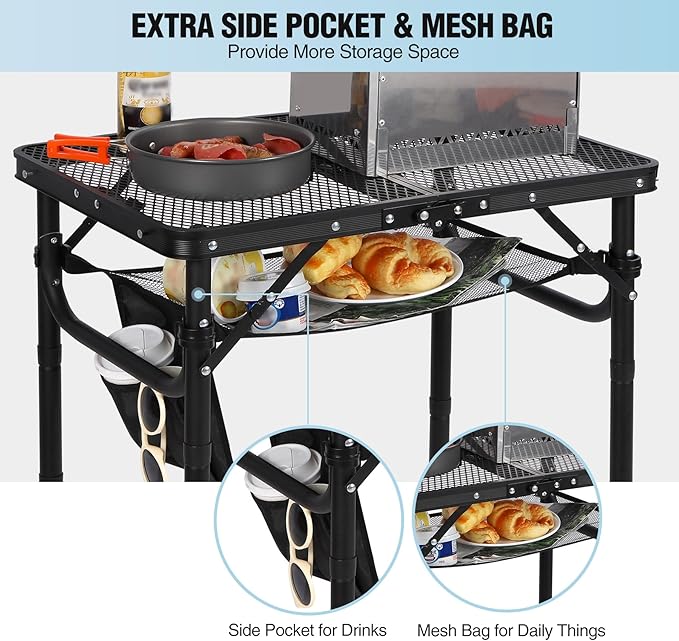 RedSwing Folding Grill Table, Lightweight Height Adjustable Aluminum Table with Mesh Desktop and Mesh Bag for Outdoor