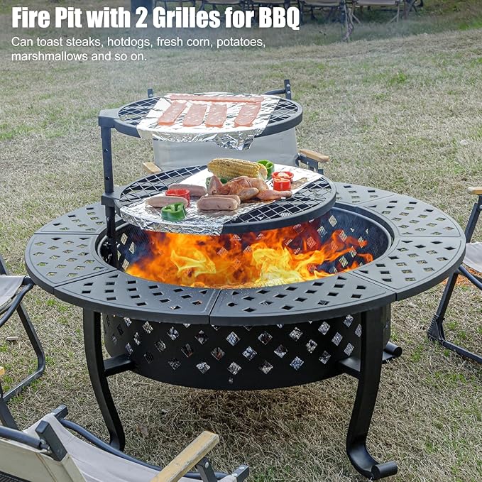 42 Inch Fire Pit with 2 BBQ Grills, Wood Burning Fire Pits for Outside with Lid & Fire Poker, BBQ& Outdoor Firepit & Round
