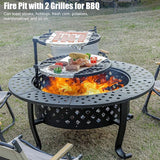 42 Inch Fire Pit with 2 BBQ Grills, Wood Burning Fire Pits for Outside with Lid & Fire Poker, BBQ& Outdoor Firepit & Round