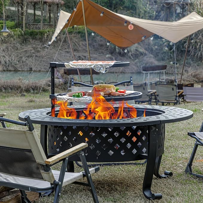 42 Inch Fire Pit with 2 BBQ Grills, Wood Burning Fire Pits for Outside with Lid & Fire Poker, BBQ& Outdoor Firepit & Round
