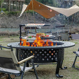 42 Inch Fire Pit with 2 BBQ Grills, Wood Burning Fire Pits for Outside with Lid & Fire Poker, BBQ& Outdoor Firepit & Round