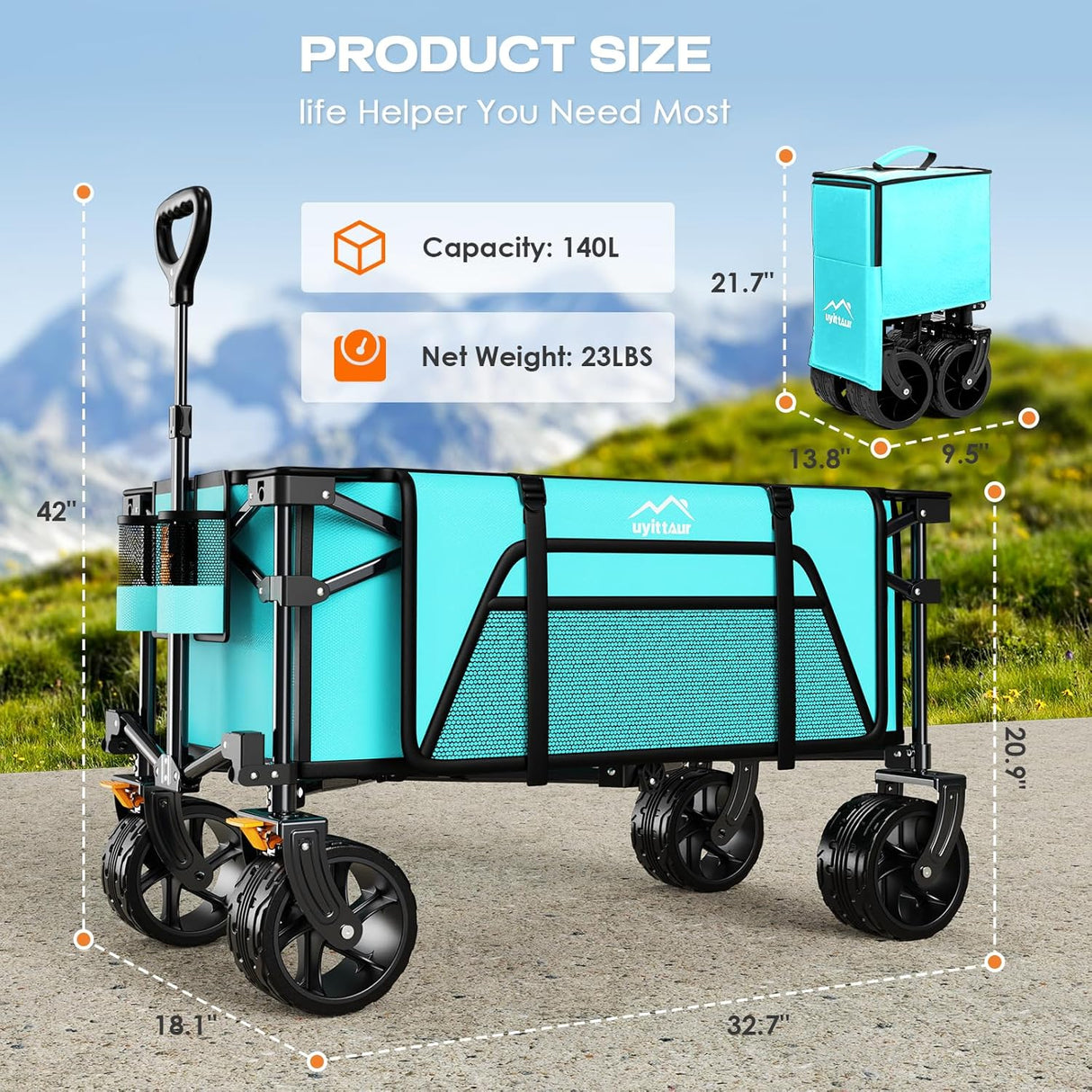 Collapsible Wagon Cart Heavy Duty Foldable, Folding Beach Wagon with Big Wheels for Sand, Utility Grocery Cart with Side