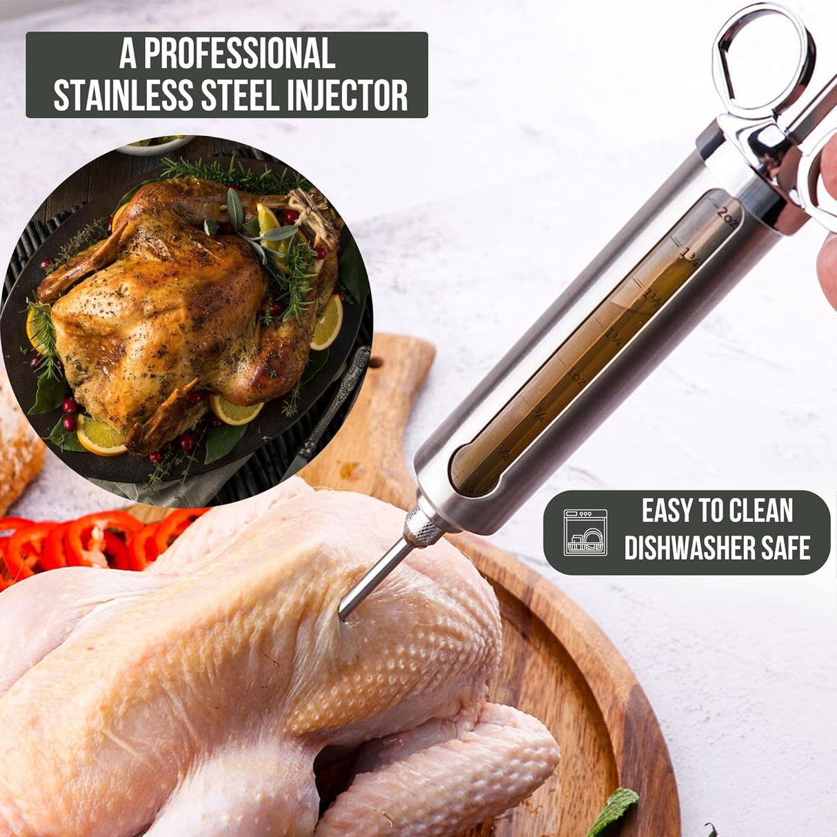 Professional Meat Injector Marinade Syringe Kit for Smoking & Grilling Turkey, Brisket & BBQ - Large 2 Oz Visible Stainless