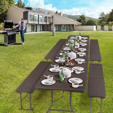 VINGLI 6 Foot Plastic Folding Table Portable Long Table for Indoor Outdoor Use Rectangular with Carrying Handle,Rattan