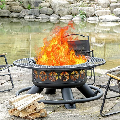 47 Inch Outdoor Fire Pit with 2 Grills, Extra Large BBQ Firepits for Outside, Metal Round Fire pits with Lid&Fire Poker,3 in