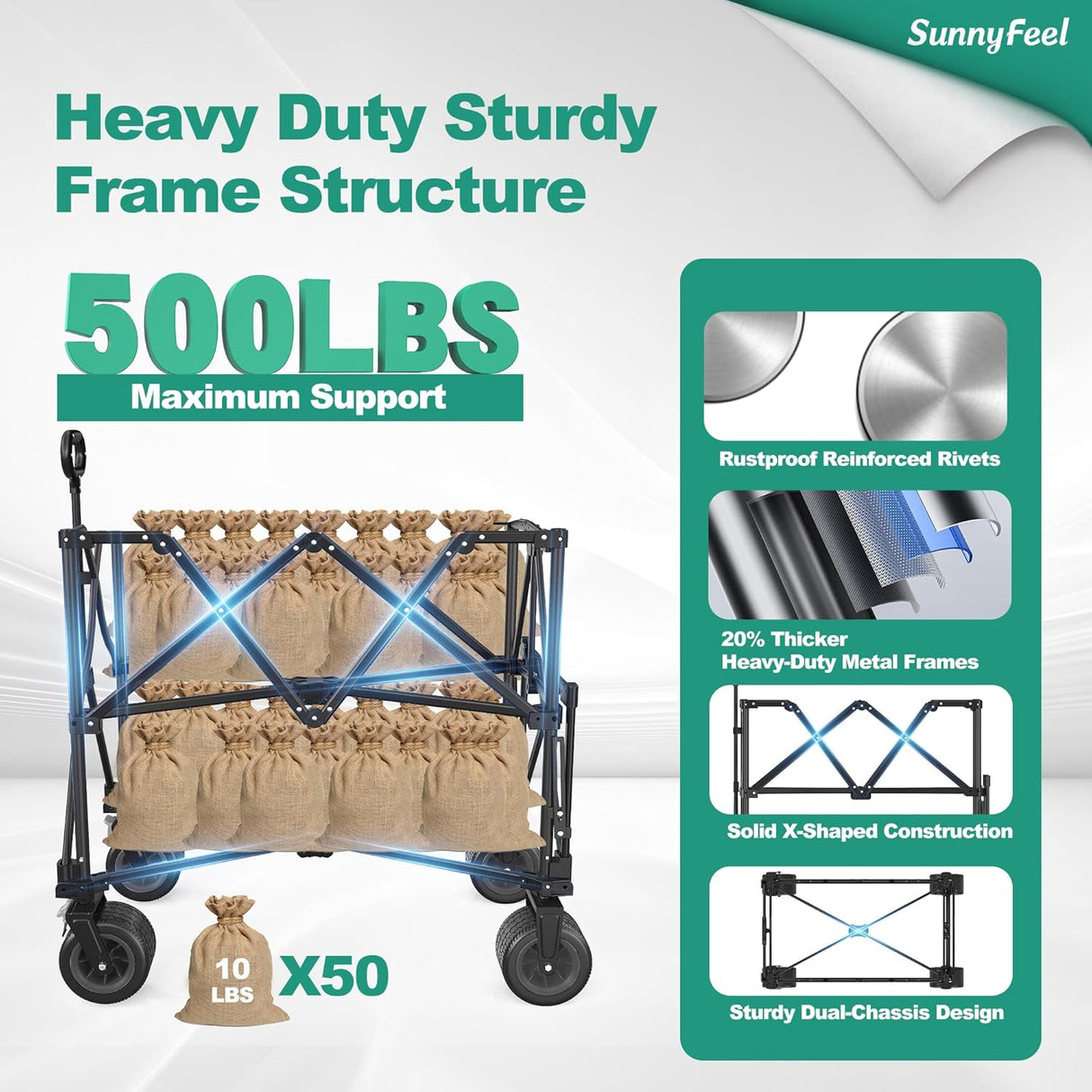 SUNNYFEEL Double Decker Wagon, Collapsible Outdoor Utility Wagon Cart 500LB Capacity Adjustable Handlebar,Foldable Wheels