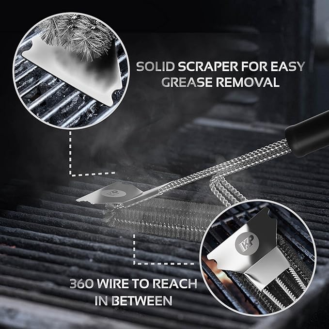 KITCHEN PERFECTION Safe Wire Grill Brush for Outdoor Grill w/Grill Scraper & Grill Mat Grill Cleaning Kit -Extended Handle