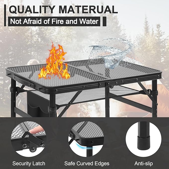 Camping Portable Folding Grill 2x1.3 FT Table, Lightweight Height Adjustable Metal Picnic Outdoor Table with Mesh Desktop
