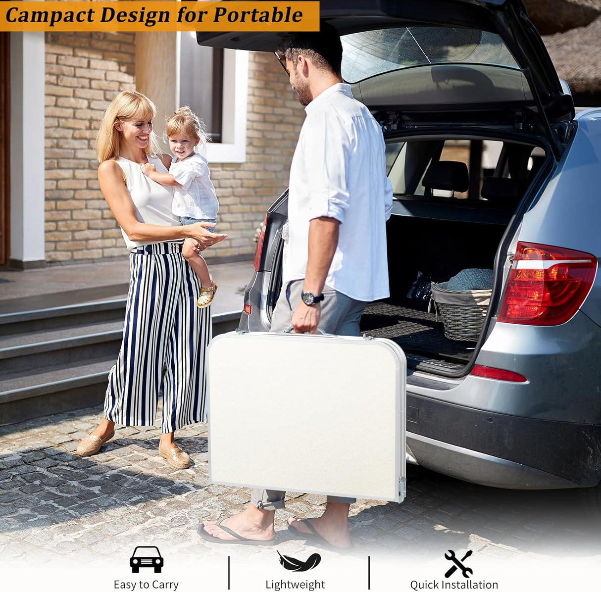 VINGLI 3FT Small Camping Folding Table Adjustable Height Aluminum Folding Table for Picnic Party BBQ, Plastic RV Suitcase