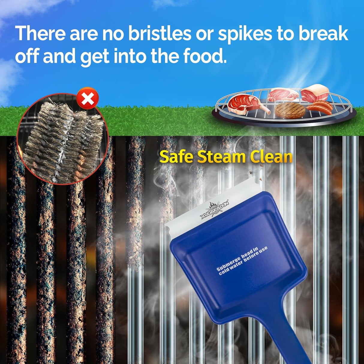 19" Large Bristle-Free Steam Cleaning Grill Brush,Replaceable BBQ Cleaning Head,Safe Grill Accessories for Cast