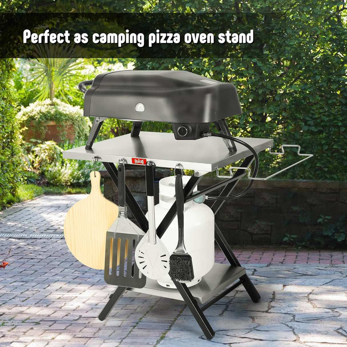 Outdoor Grill Table, Foldable Pizza Oven Stand & Blackstone Griddle Stand with Garage Rack & Tissue Holder, Folding Outdoor