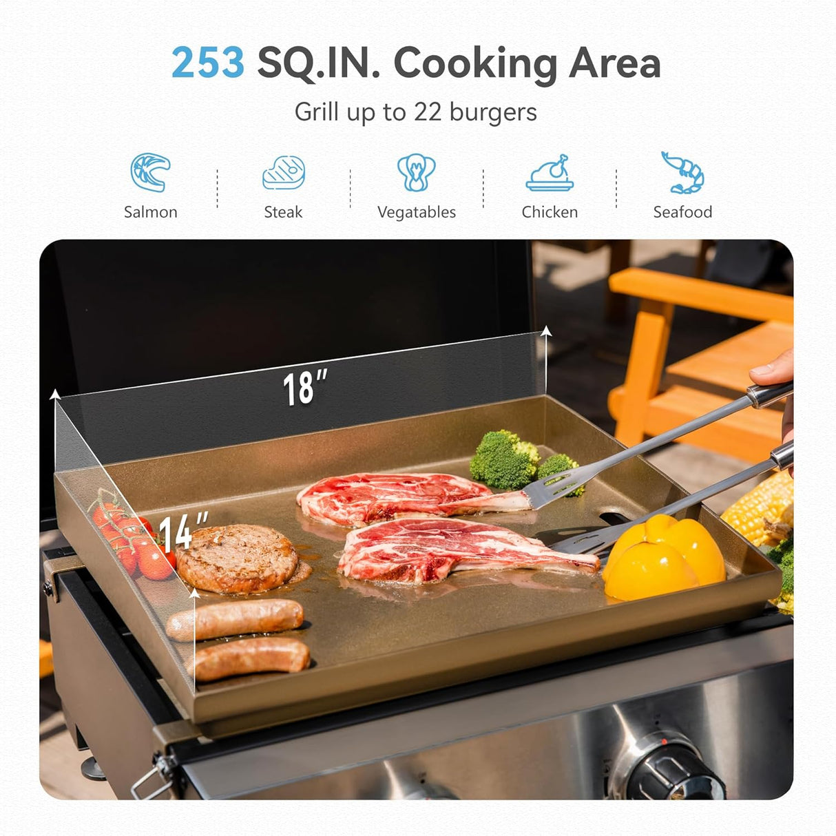 GREEN PARTY 2 Burner BBQ Propane Gas Griddle with Collapsible Stand, 18 Inch Portable Griddle with Side Table & 253 Sq. In.