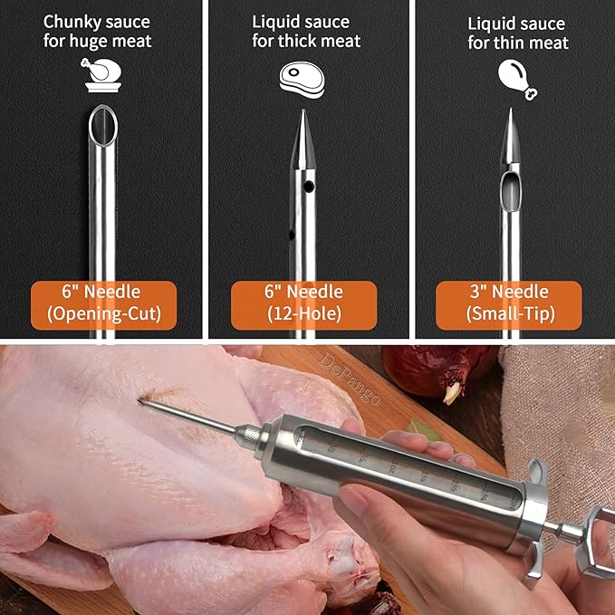 Meat Injector, Stainless Steel Marinade Injector Flavor Syringe Kit with 2-oz Measurement Window for Smoker Food BBQ Grill,