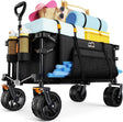 Collapsible Wagon Cart Heavy Duty Foldable, Folding Beach Wagon with Big Wheels for Sand, Utility Grocery Cart with Side