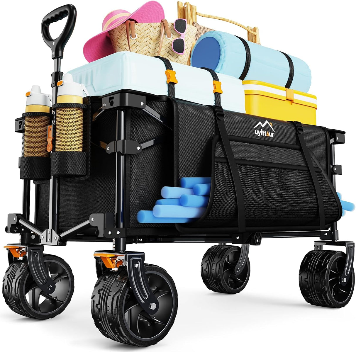 Collapsible Wagon Cart Heavy Duty Foldable, Folding Beach Wagon with Big Wheels for Sand, Utility Grocery Cart with Side