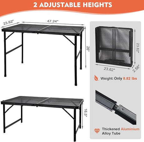 Camping Table with Mesh Desktop, Lightweight & Portable Folding Grill Table, Height Adjustable Metal Outdoor Table for Camp,