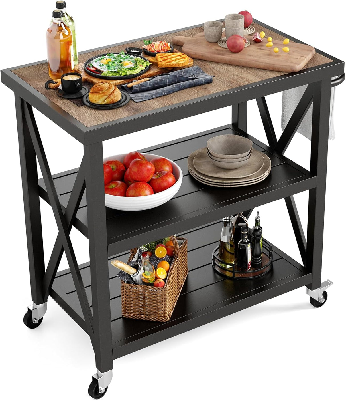 PHI VILLA Outdoor Grill Table, Elegant Grill Cart with Ceramic Wood Grain Table Top, Serving Cart with Shelves, Patio