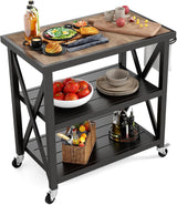 PHI VILLA Outdoor Grill Table, Elegant Grill Cart with Ceramic Wood Grain Table Top, Serving Cart with Shelves, Patio