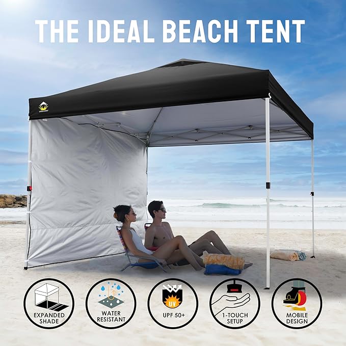 CROWN SHADES 10x10 Pop Up Canopy with 1 Side Wall - Beach Tent with One Push Setup - Outdoor Sun Shade for Events, Parties,