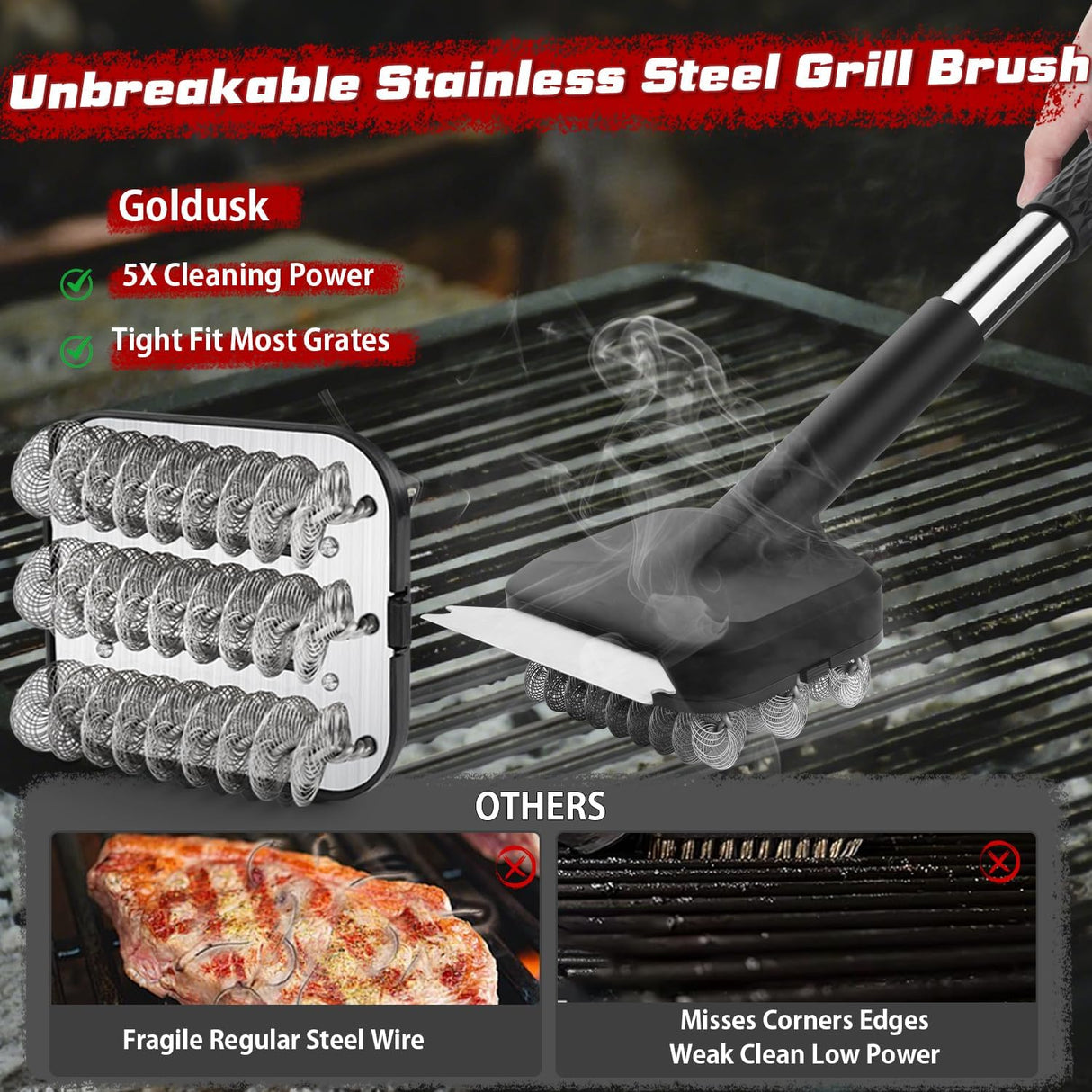 Grill Brush, Full Clean with One Set- Goldusk 19" Safe Replaceable Stainless Steel Grill Brush + Scraper + Bristle Free