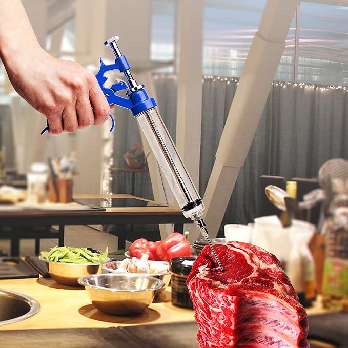 Meat Injector Marinade Gun Stainless Steel Outdoor Kit Flavor Food Syringes & 4 Marinades Needles for BBQ Grill Smoker