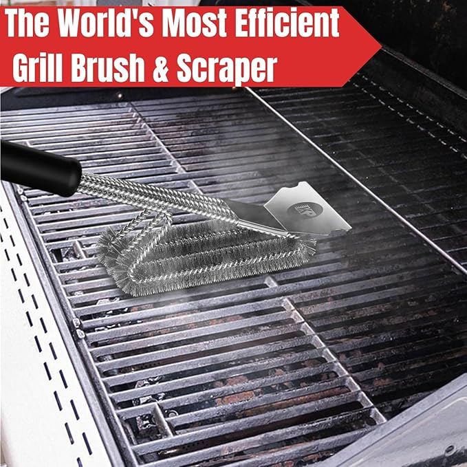KITCHEN PERFECTION Safe Wire Grill Brush for Outdoor Grill w/Grill Scraper & Grill Mat Grill Cleaning Kit -Extended Handle