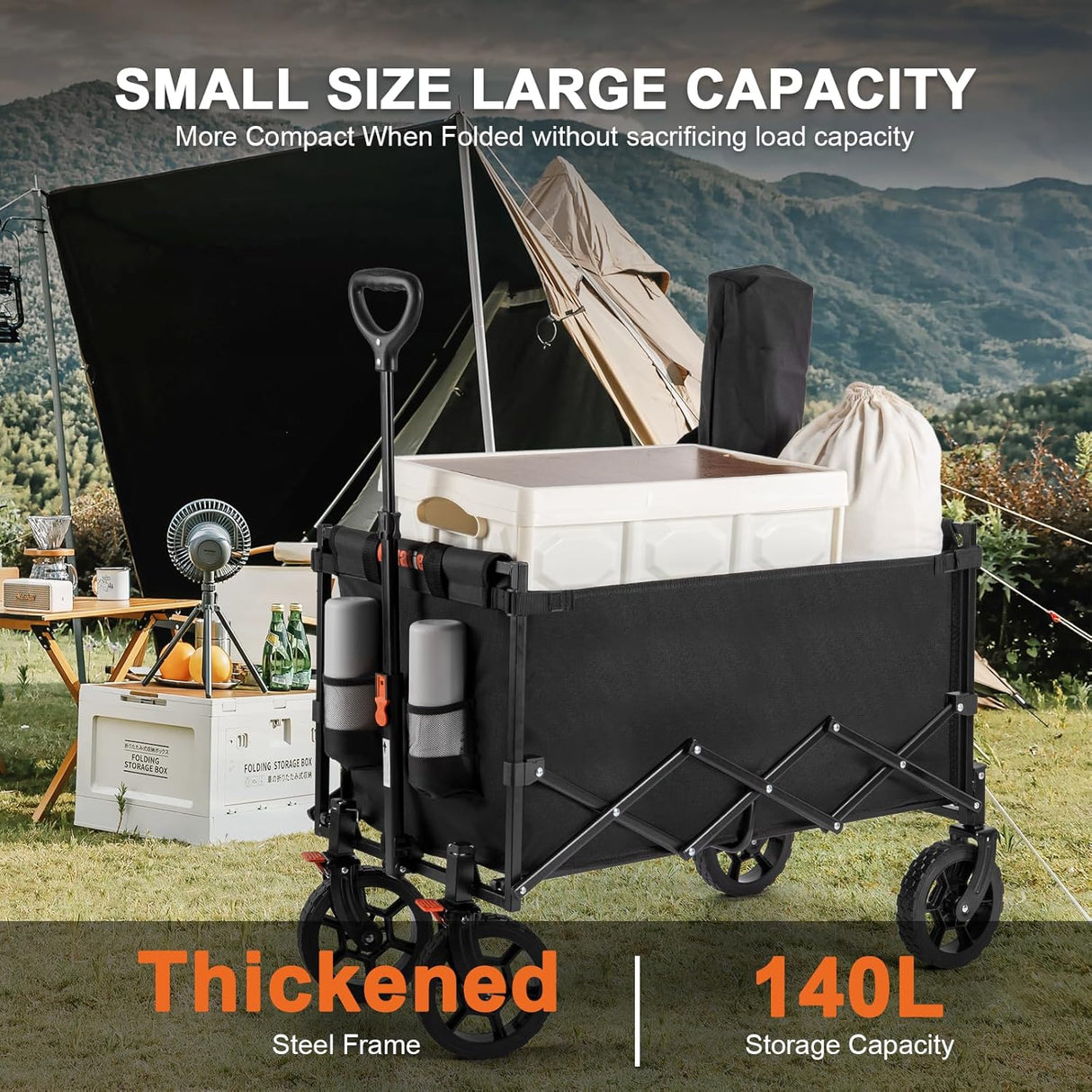 Navatiee 140L Wagon Cart Foldable, Large Capacity Collapsible Wagon with Smallest Folding Design, Utility Grocery Cart for