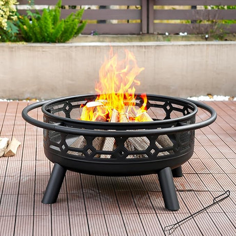 36 Inch Fire Pit, Outdoor Wood Burning Firepit with Removable Grill & Poker, Heavy Duty Metal Round Fireplace,2 in 1 Large