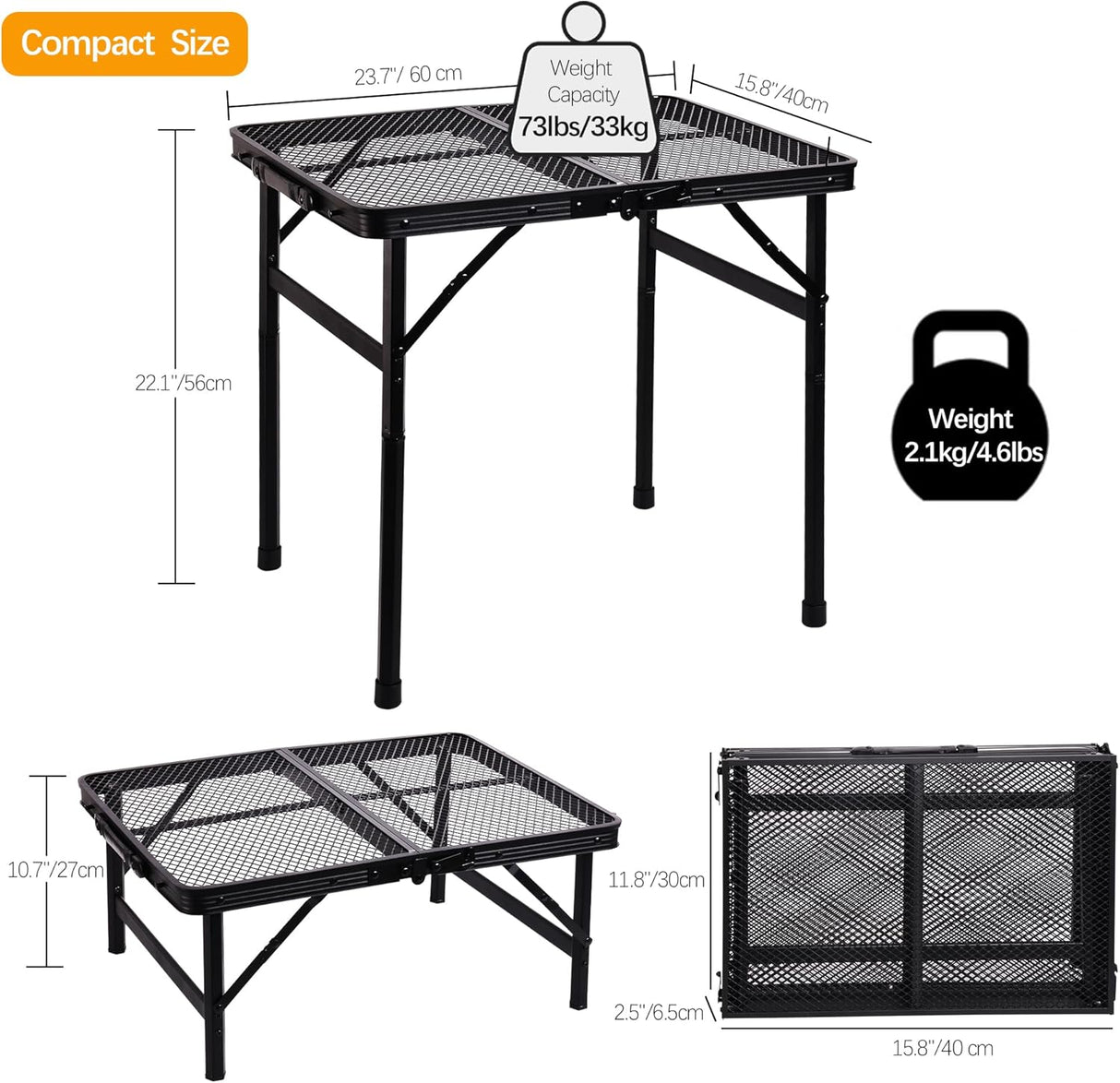 23”L×15”W×22”H Small Metal Folding Table, Camping Grill BBQ Side Table for Outdoor Garden Patio Yard- Portable Lightweight,
