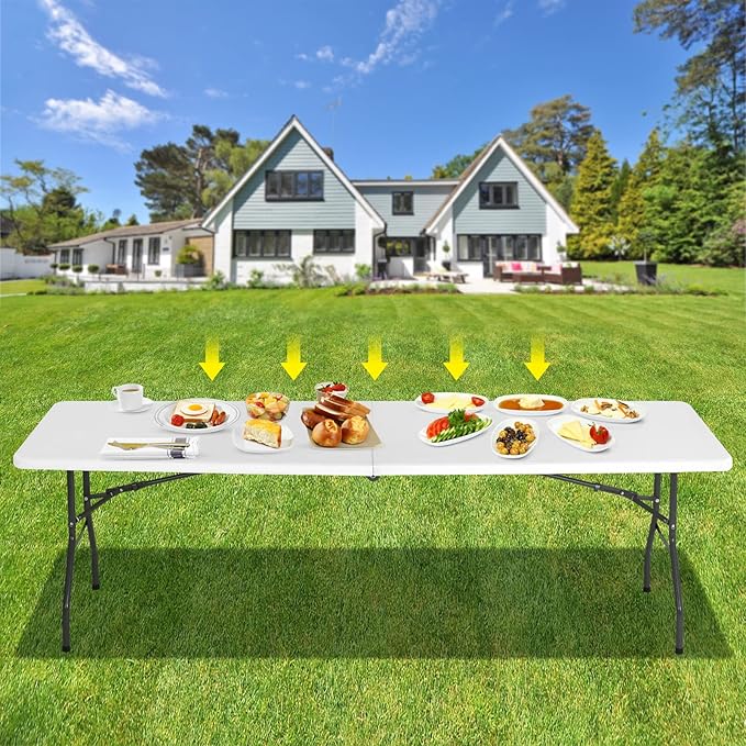 8FT Folding Table, Heavy Duty Foldable Table with Handle, Portable Fold-in-Half Utility Tables for Indoor & Outdoor Use