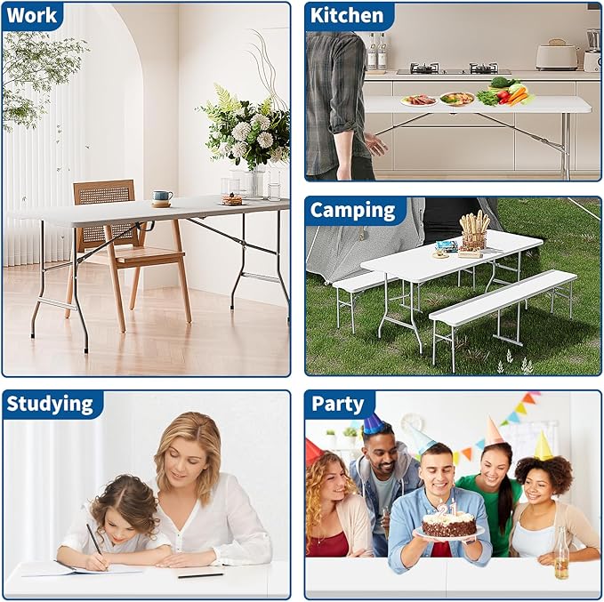 Folding Table 6ft, Foldable Portable Heavy Duty Plastic Fold-in-Half Utility Table with Handle & Safety Locks, Picnic Table