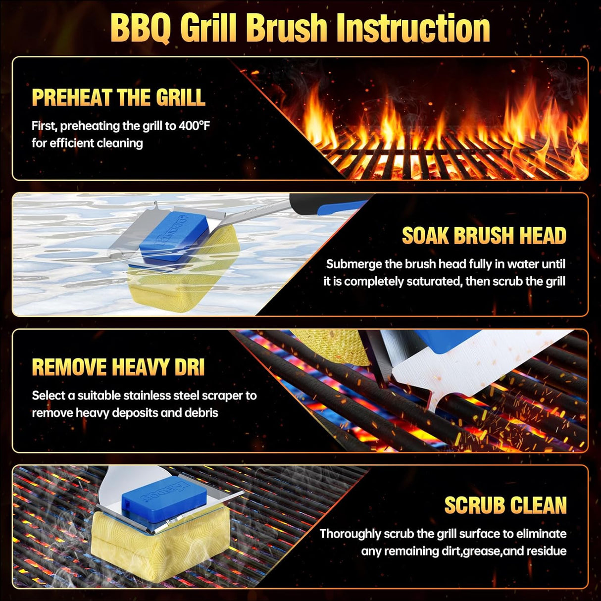 Grill Brush Bristle Free for Outdoor Grill, Steam Grill Cleaning Brush Replaceable BBQ Cleaner Brush Head,Extended Handle,