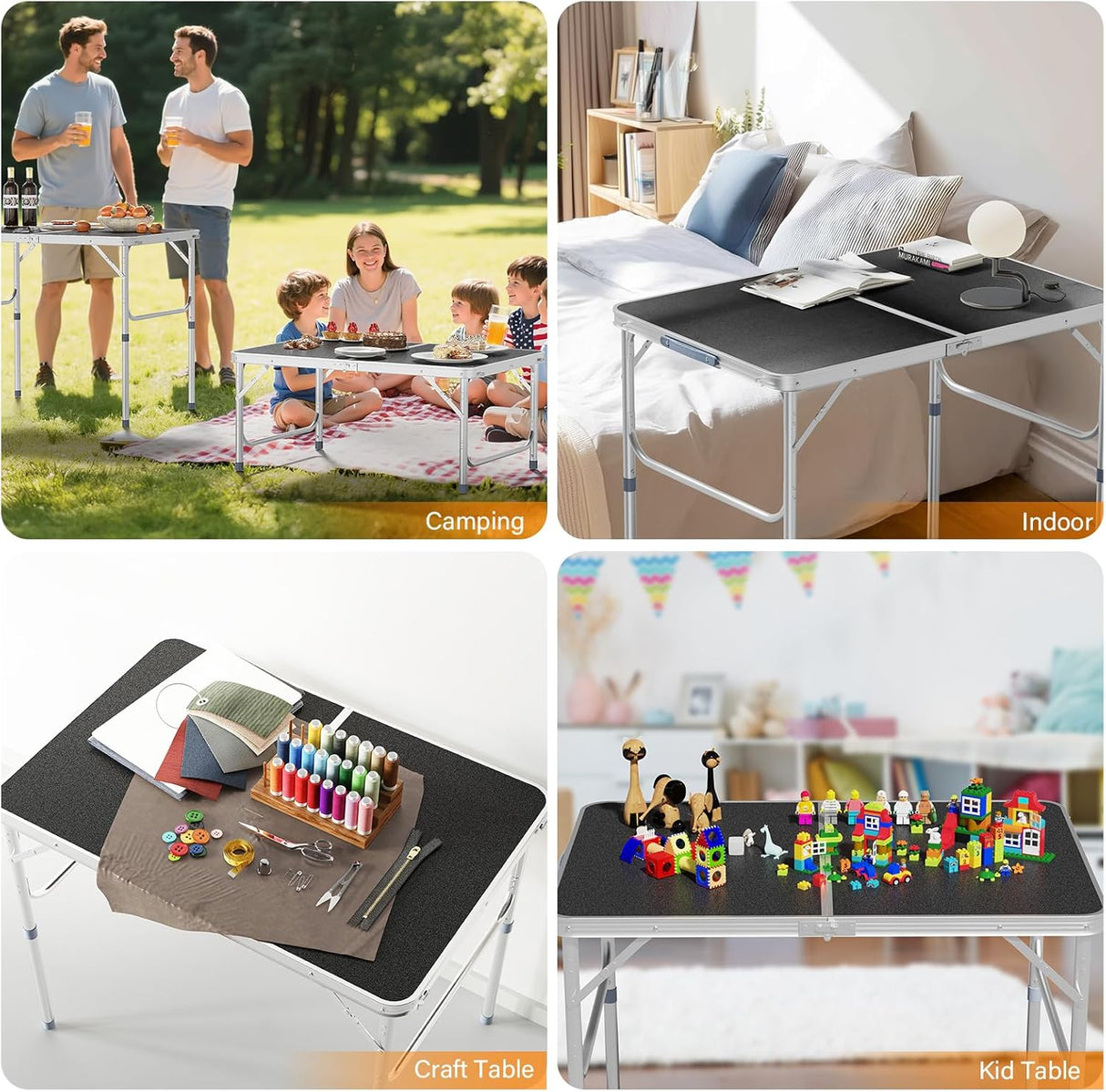 VINGLI 3FT Small Camping Table Adjustable Height Aluminum Folding Table for Picnic Party BBQ, Plastic RV Suitcase Table